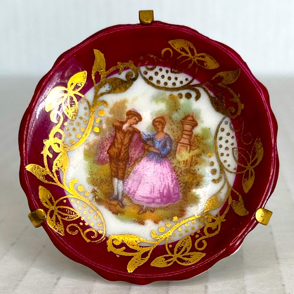 Limoges Miniature Plate Burgundy Courting Couple Gold Decor by Fragonard